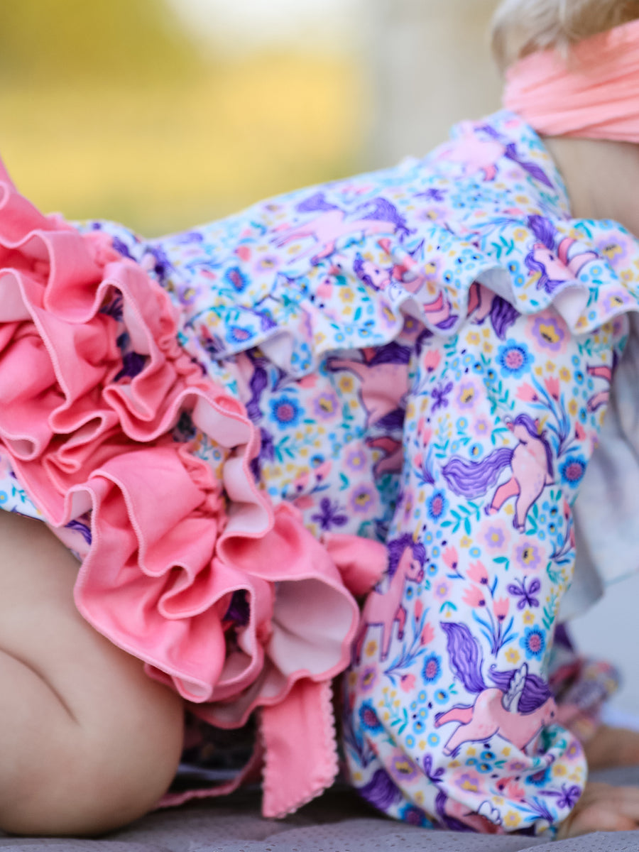 Unicorn Floral Print Girls Long Sleeve Romper