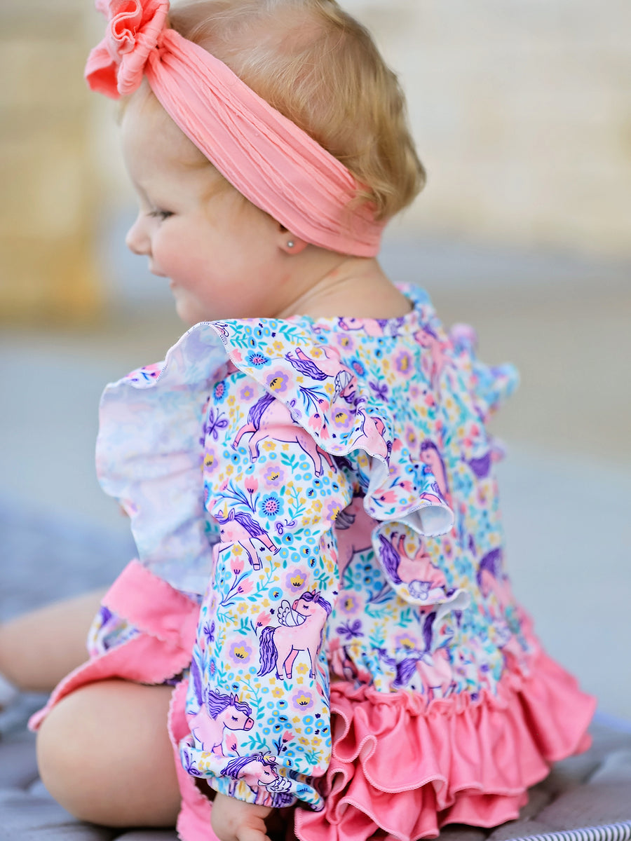 Unicorn Floral Print Girls Long Sleeve Romper