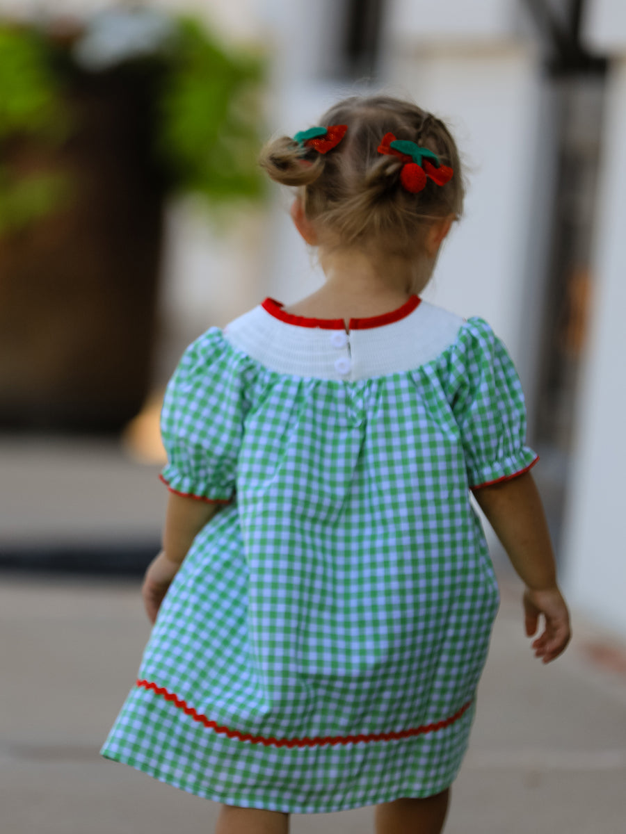 Back To School Girls Green Plaid Smocking Dress