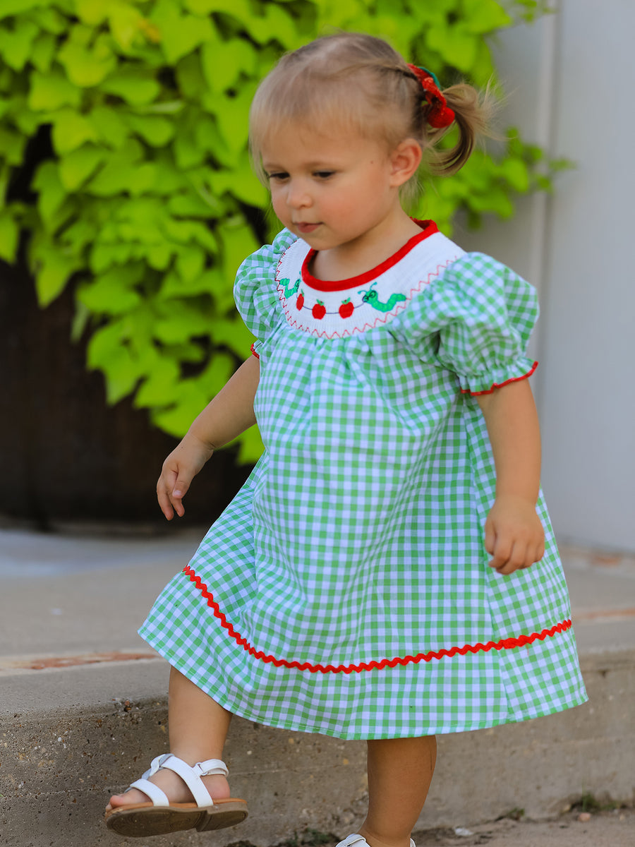 Back To School Girls Green Plaid Smocking Dress