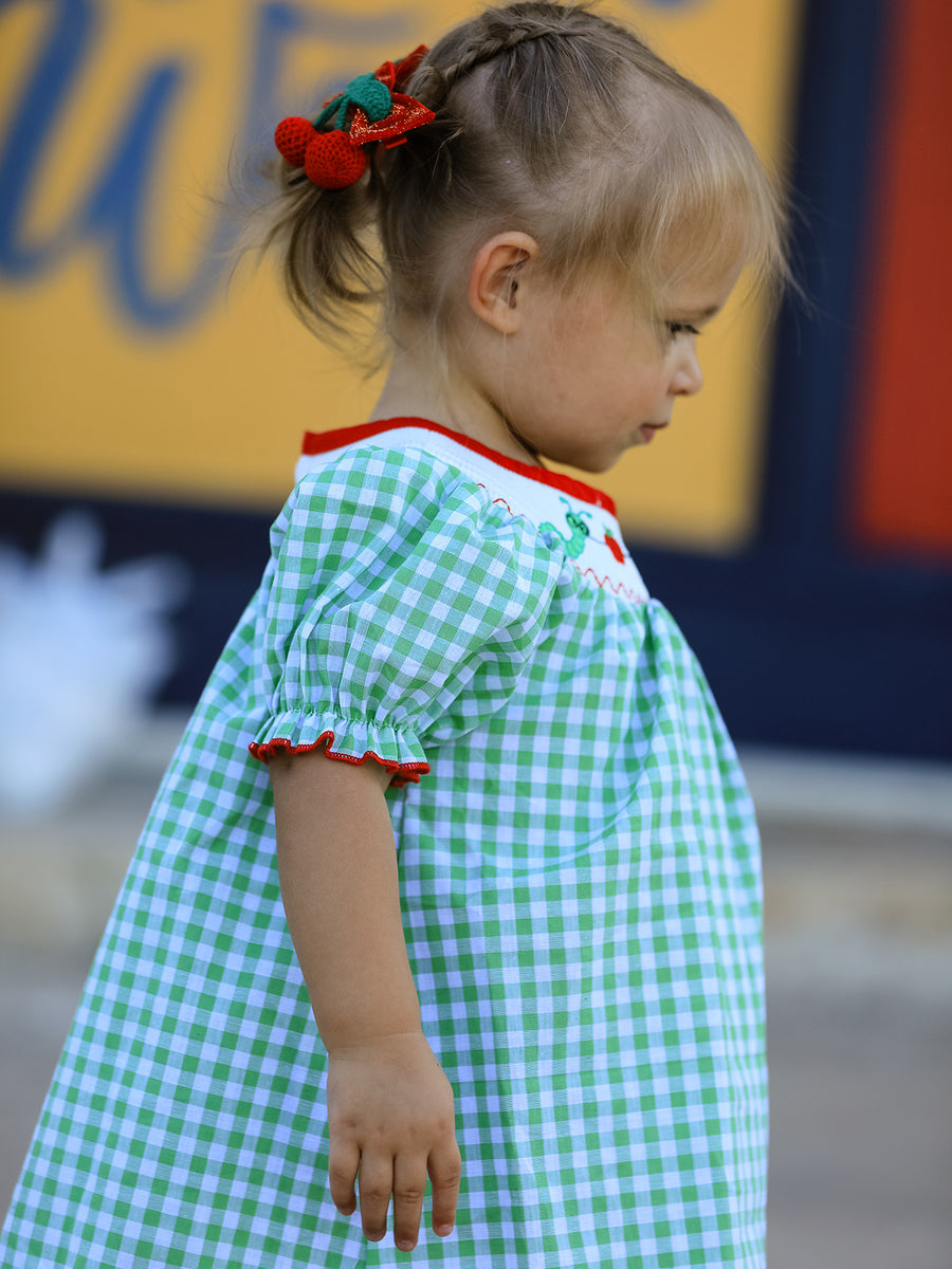 Back To School Girls Green Plaid Smocking Dress
