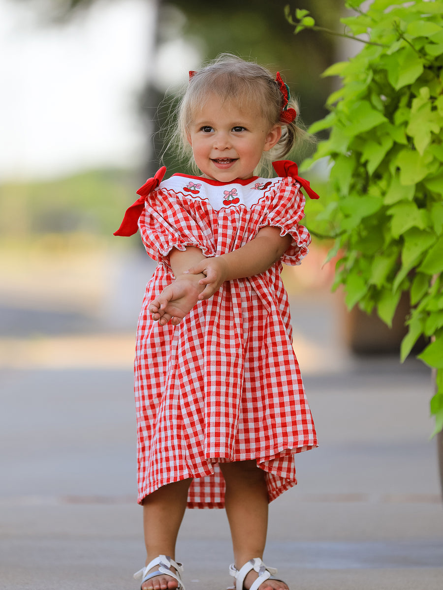 Red Cherry Bow Plaid Smocking Embroidery Girls'  Dress