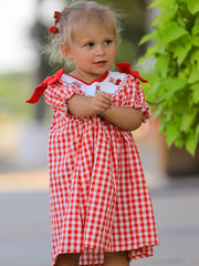 Red Cherry Bow Plaid Smocking Embroidery Girls'  Dress