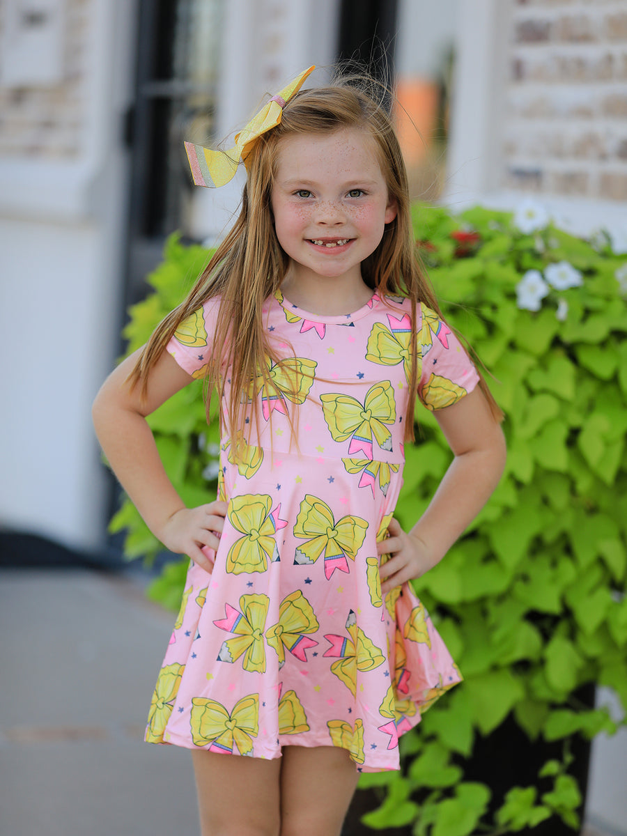 Back to School Yellow Bow Print Girls Dress 8/9 Back to School Yellow Bow Print Girls Dress 8/9