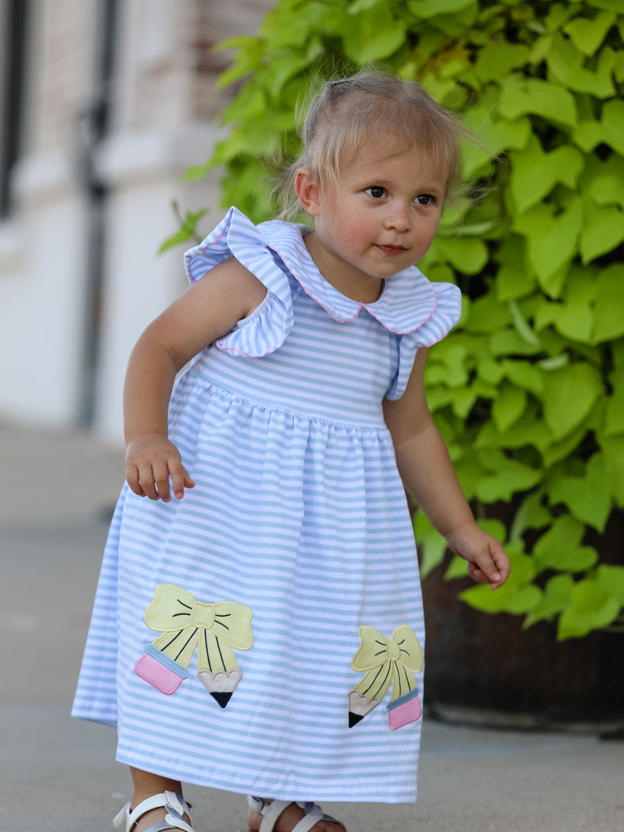 PREORDER Back To School Girls Stripe Pencil Applique Bow Dress