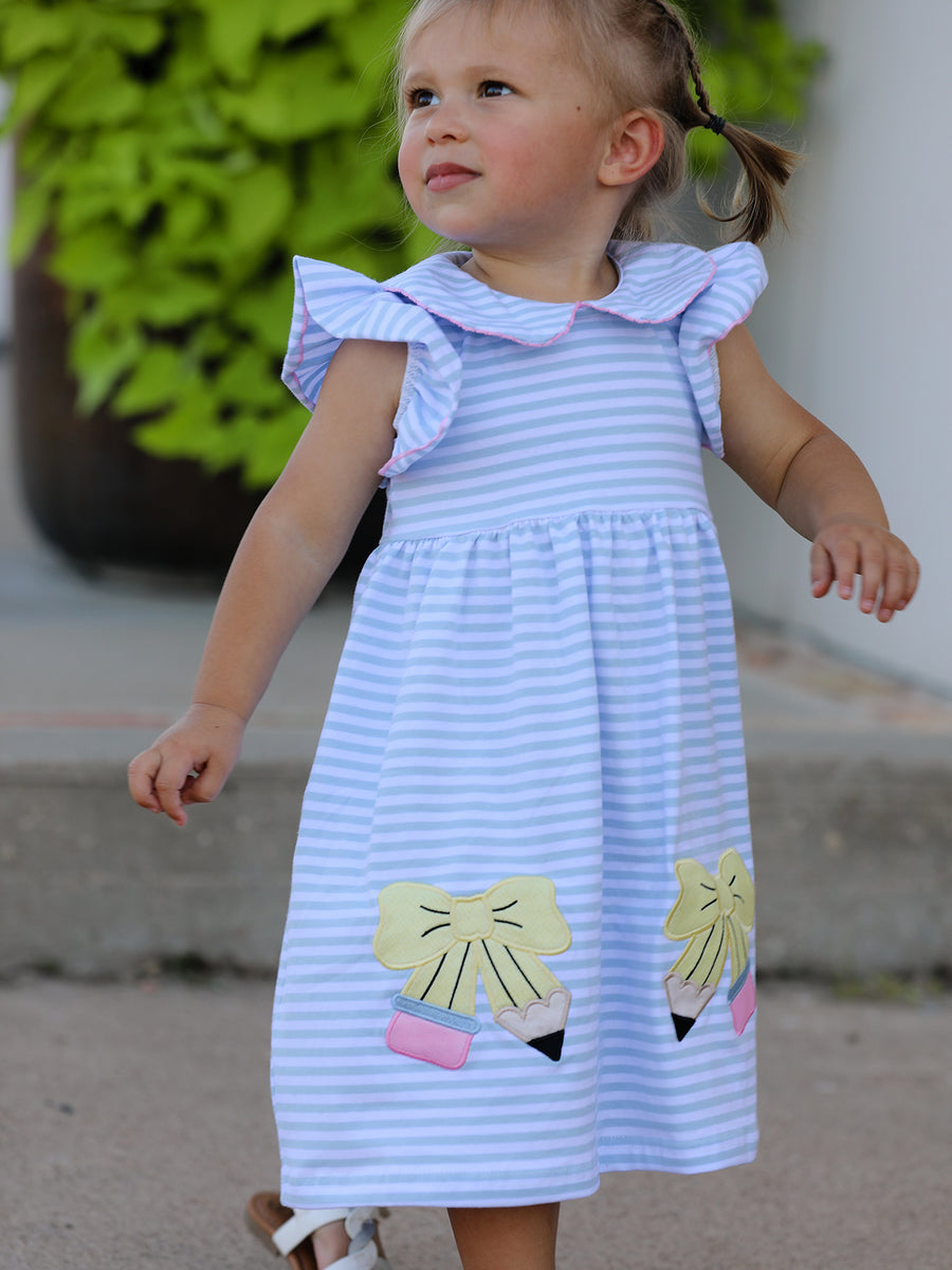 PREORDER Back To School Girls Stripe Pencil Applique Bow Dress