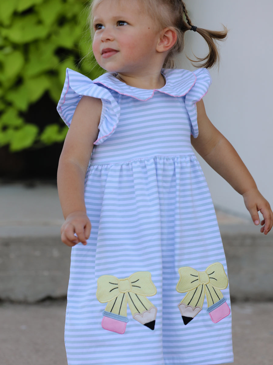 PREORDER Back To School Girls Stripe Pencil Applique Bow Dress