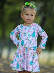 PREORDER Pink Christmas Character Print Long Sleeve Girls Dress