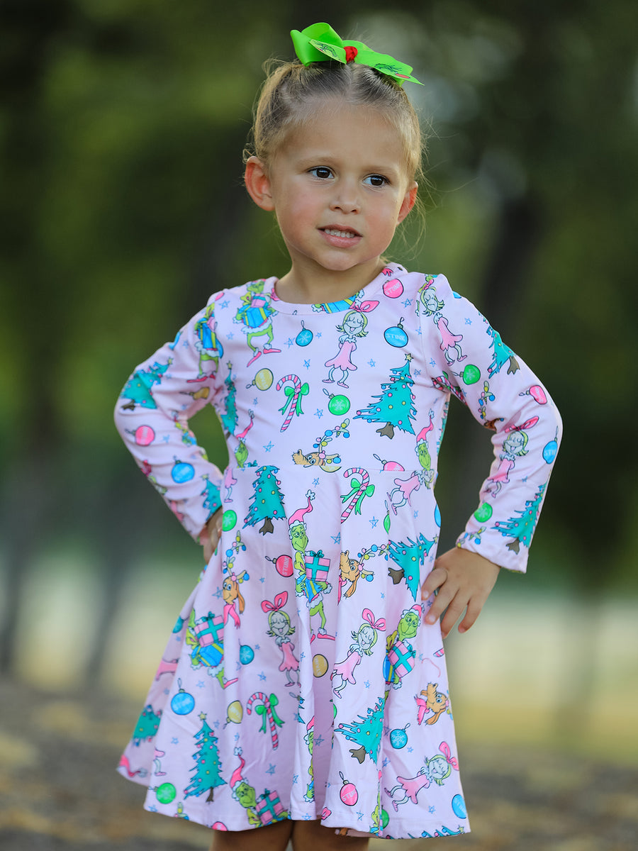 PREORDER Pink Christmas Character Print Long Sleeve Girls Dress
