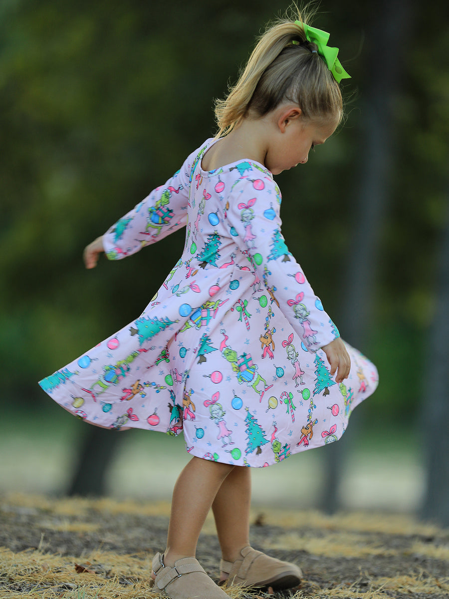 PREORDER Pink Christmas Character Print Long Sleeve Girls Dress