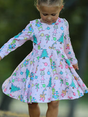 PREORDER Pink Christmas Character Print Long Sleeve Girls Dress