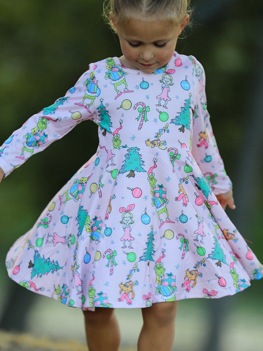 PREORDER Pink Christmas Character Print Long Sleeve Girls Dress