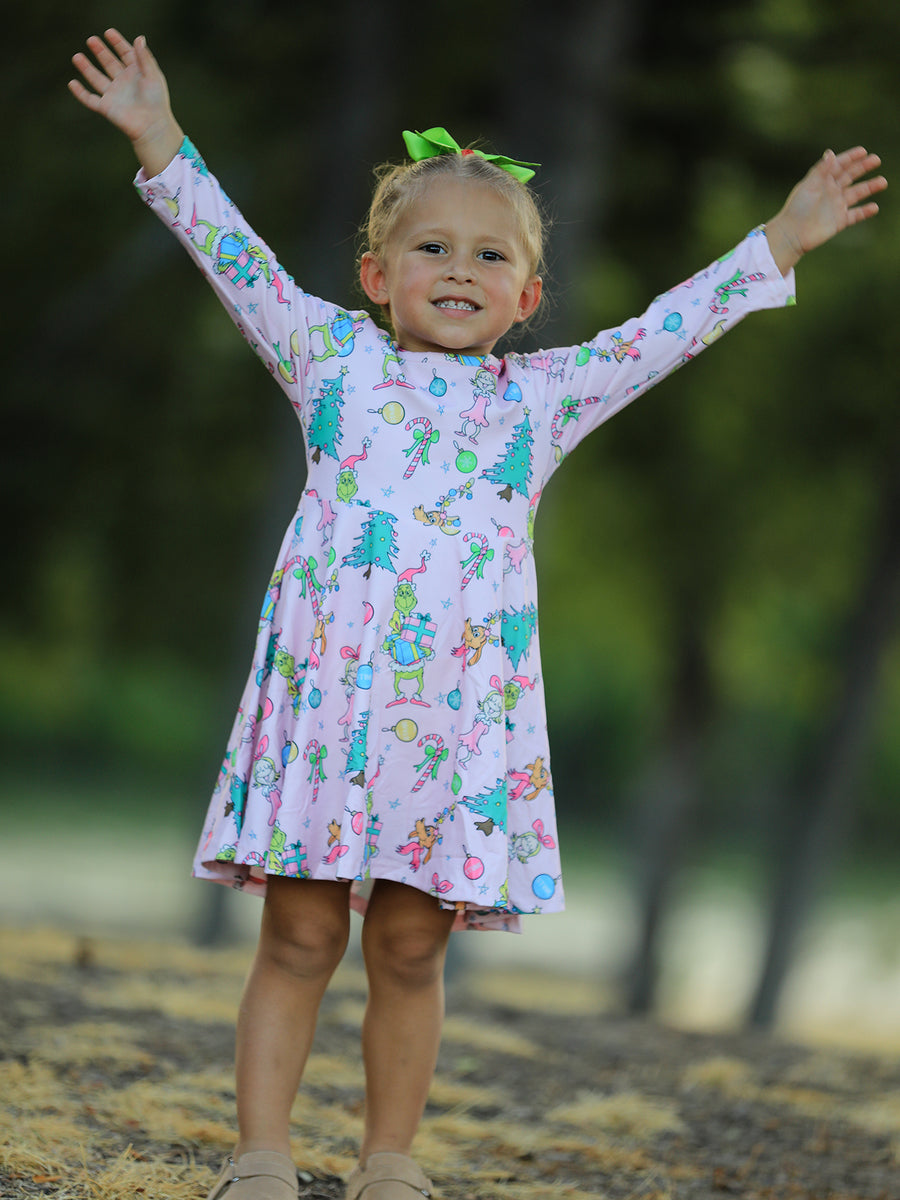 PREORDER Pink Christmas Character Print Long Sleeve Girls Dress