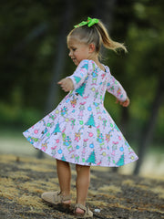 PREORDER Pink Christmas Character Print Long Sleeve Girls Dress