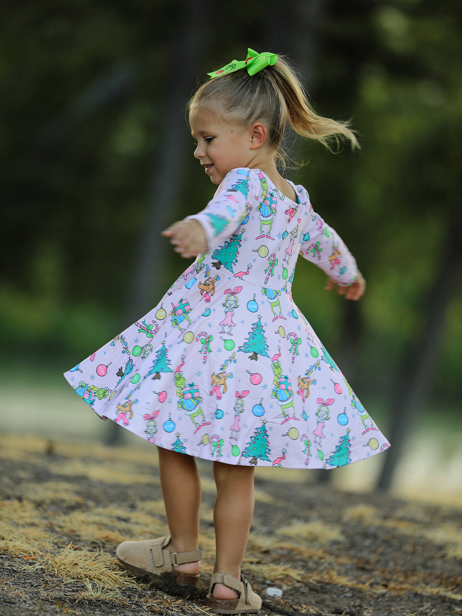 PREORDER Pink Christmas Character Print Long Sleeve Girls Dress