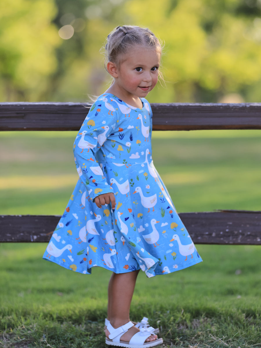 Fall Goose Print Girls Long Sleeve Twirl Dress