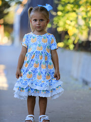 Fall Girls Pumpkin Patch Dress Lace Trim with Pockets