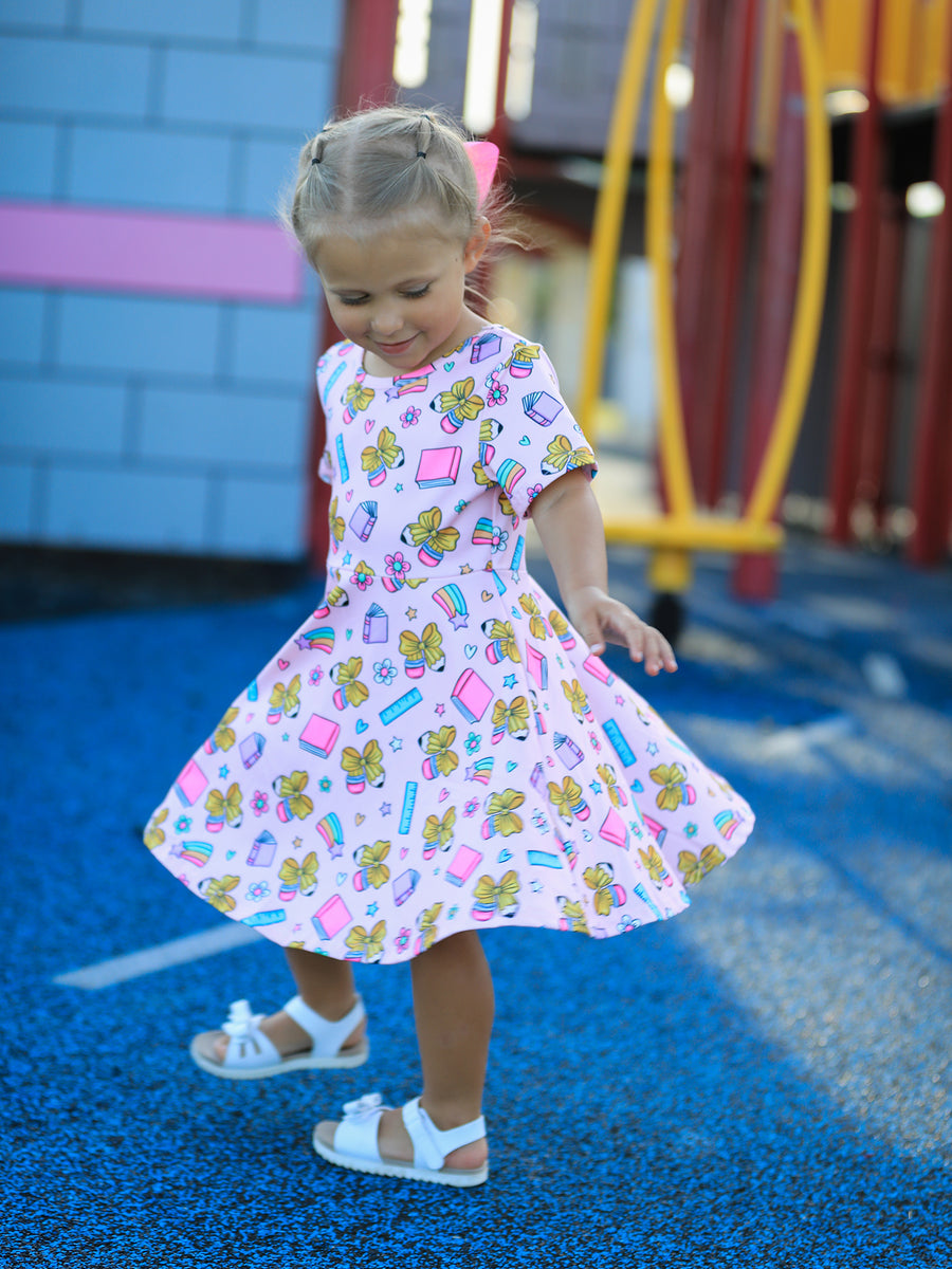 back to school dress IMEKIS Outfits for Girls: First Day of Kindergarten Picture Day Toddler Little Kids 1st Grade Photos Clothes Casual Apple Pencil Print Ruffle Clothing Blue + Navy 3-4T 95%cotton and 5% spandex Machine wash cold Back to School Dresses |