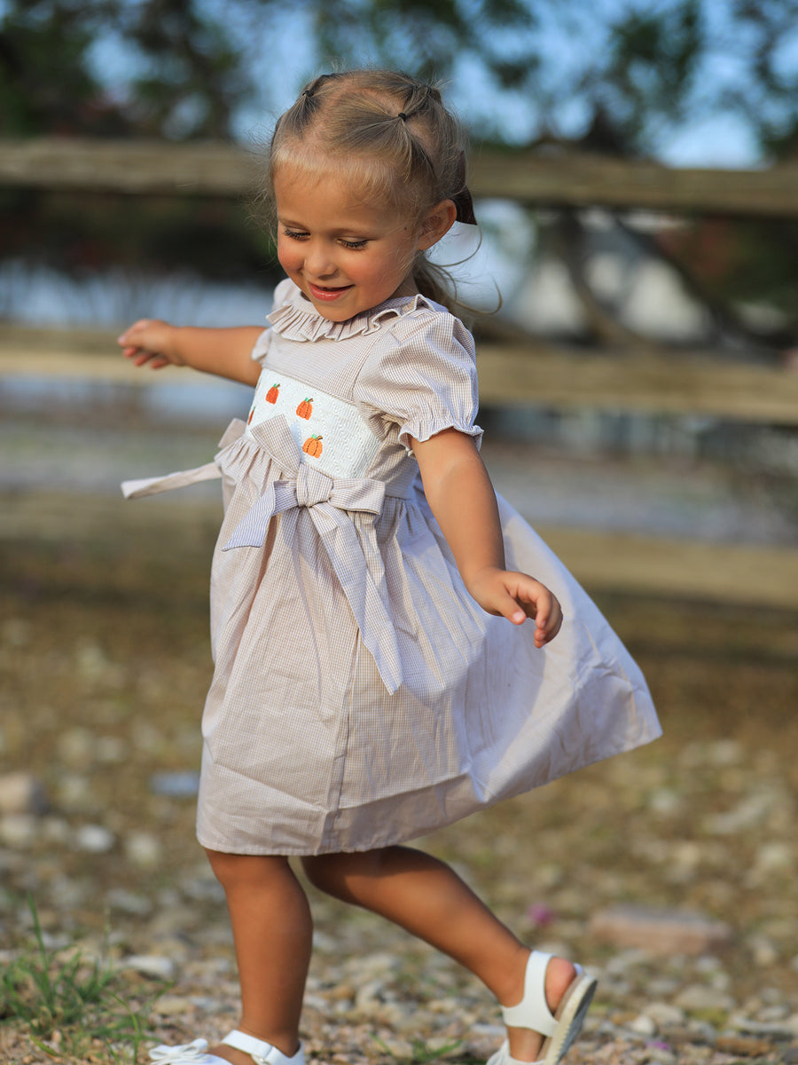 Fall Thanksgiving Pumpkin Embroidery Smock Plaid Girls Dress – Rylee Faith Designs