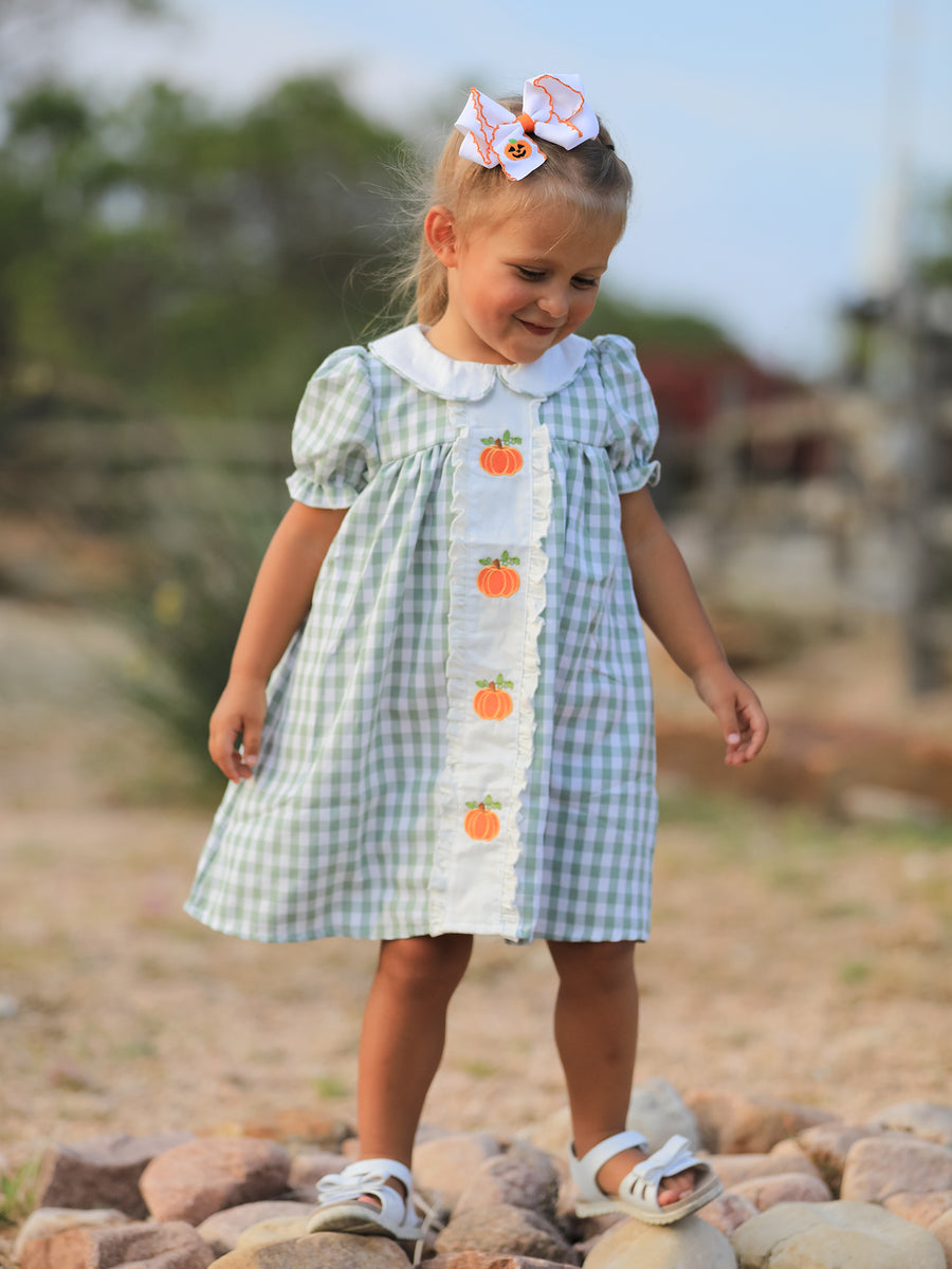 Fall Halloween & Thanksgiving Pumpkin Applique Plaid Green Girls Dress 3
