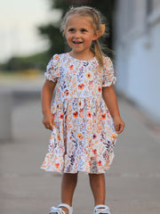 Fall Floral Puff Sleeve Ruffle Girls Dress
