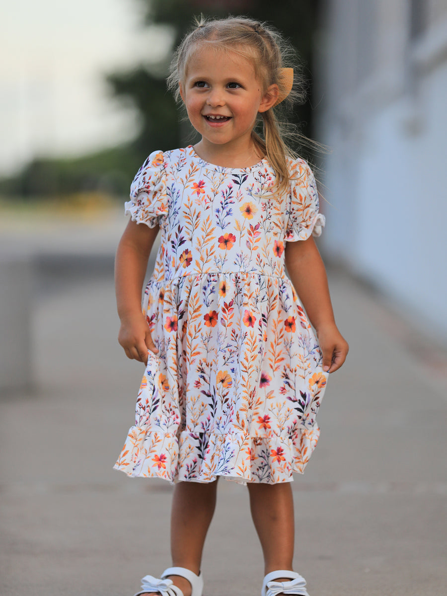 Fall Floral Puff Sleeve Ruffle Girls Dress 7