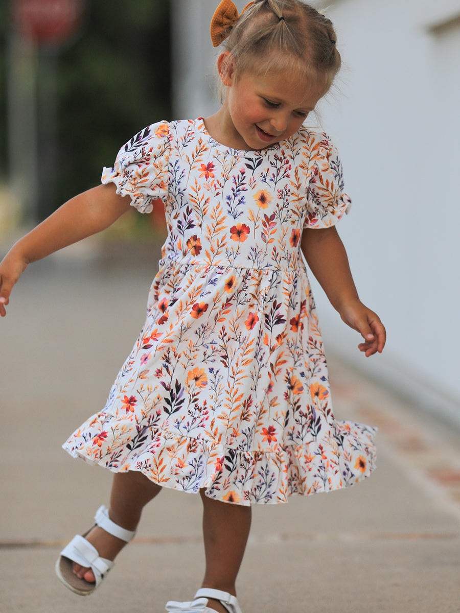 Fall Floral Puff Sleeve Ruffle Girls Dress 7