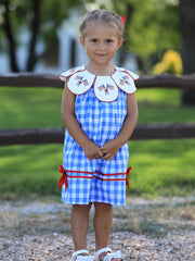 Girls 4th of July Plaid Twirl Dress Bow Embroidery Petals Collar