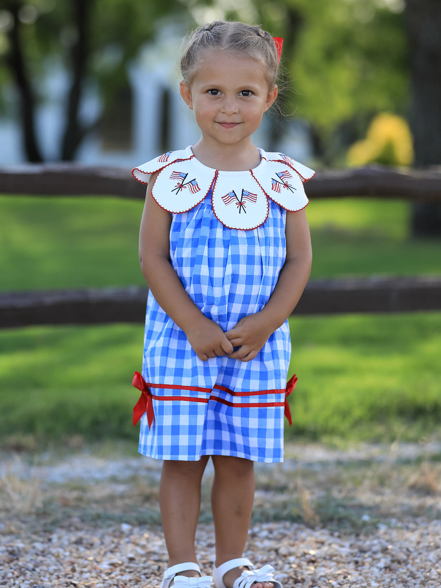 Girls 4th of July Plaid Twirl Dress Bow Embroidery Petals Collar