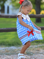 Girls 4th of July Plaid Twirl Dress Bow Embroidery Petals Collar