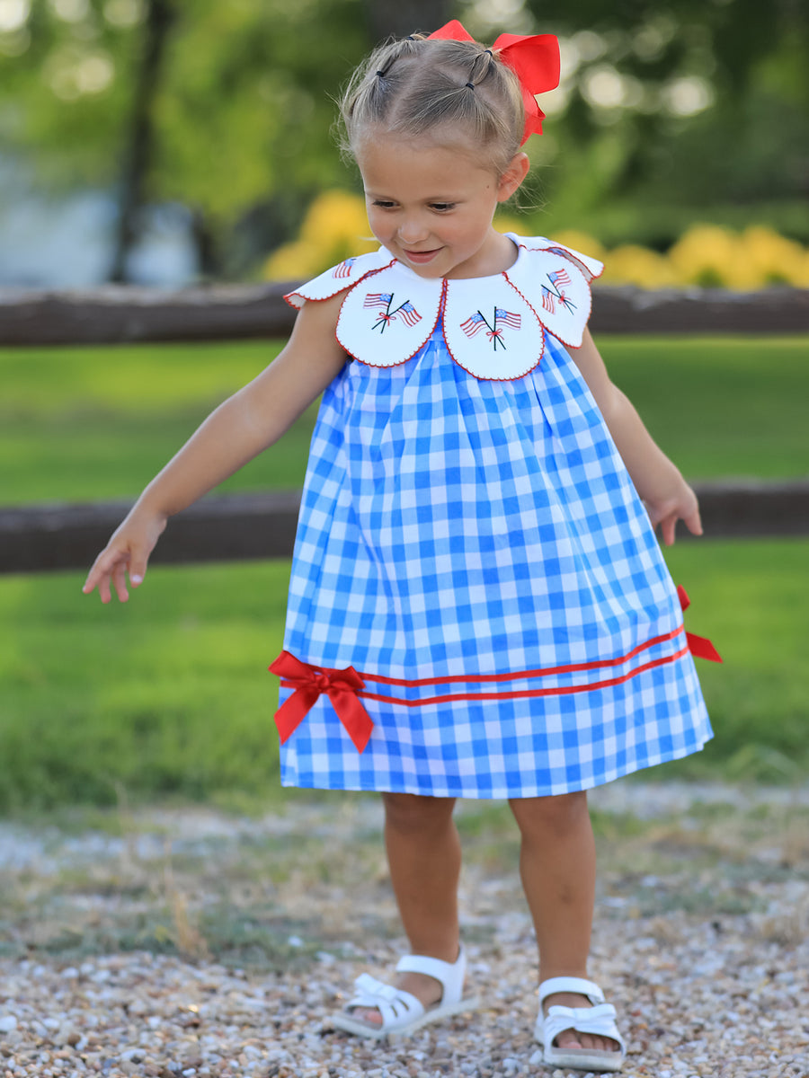 Girls 4th of July Plaid Twirl Dress Bow Embroidery Petals Collar