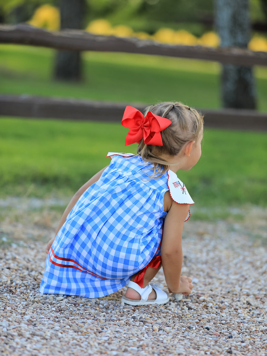 Girls 4th of July Plaid Twirl Dress Bow Embroidery Petals Collar
