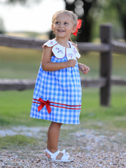 Girls 4th of July Plaid Twirl Dress Bow Embroidery Petals Collar