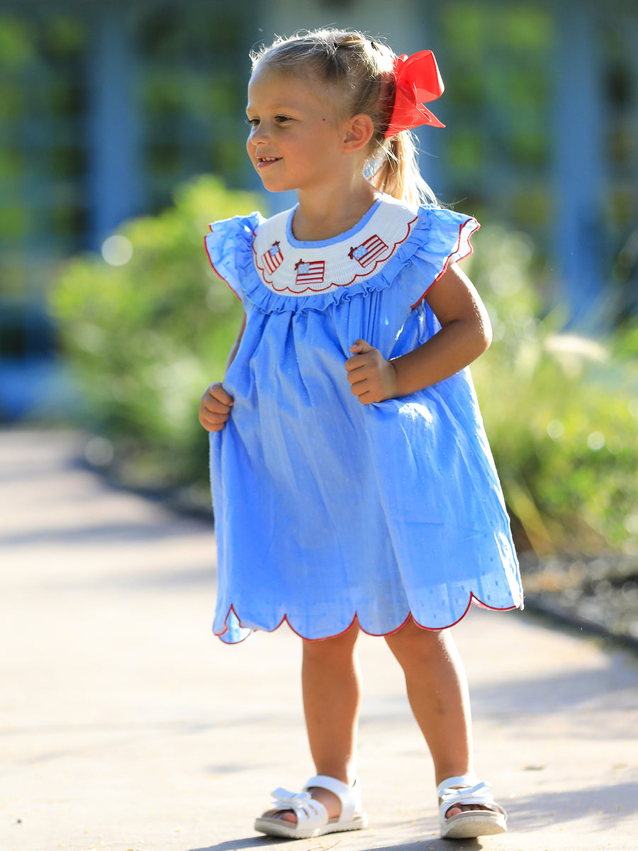 4th of July American Flag Girls Dress Ruffle Collar Scallop Hem