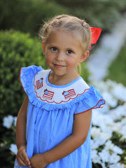 4th of July American Flag Girls Dress Ruffle Collar Scallop Hem
