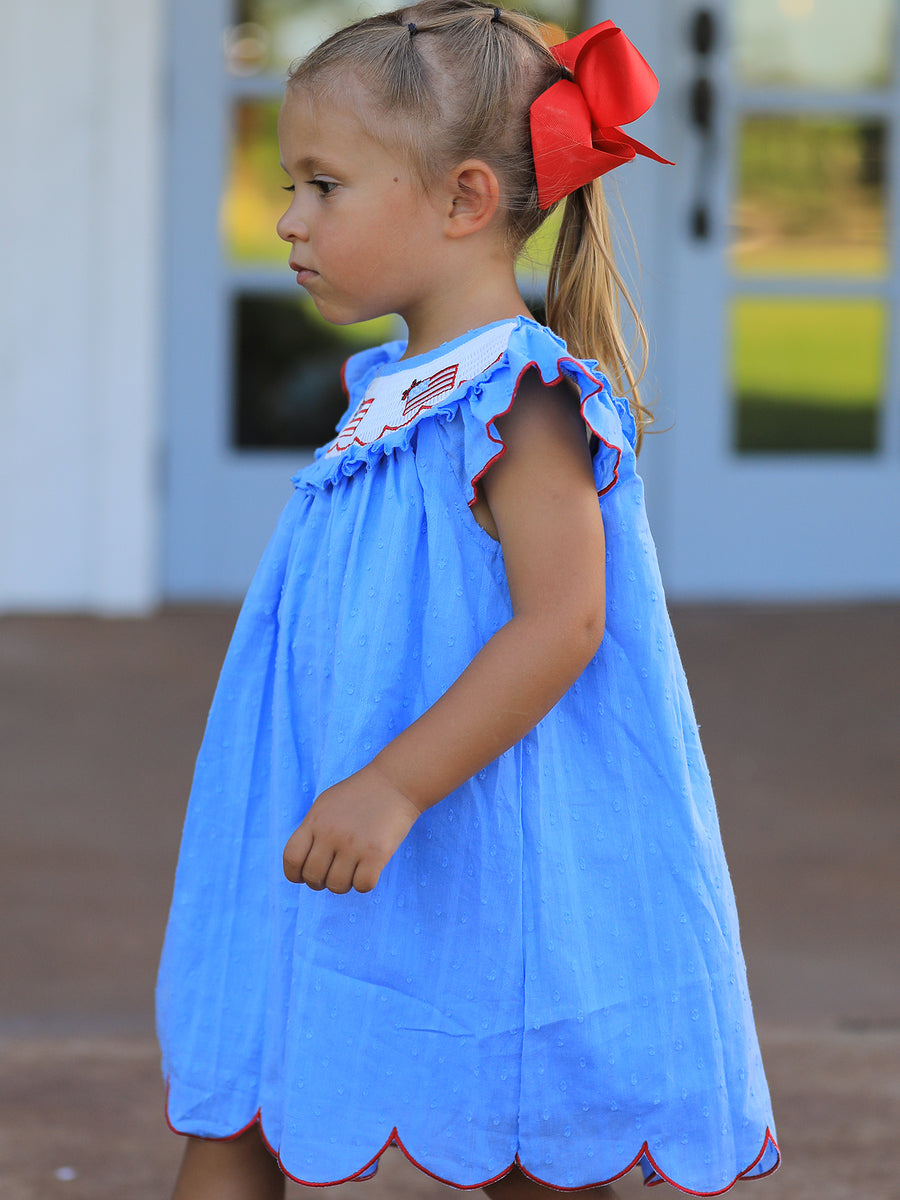 4th of July American Flag Girls Dress Ruffle Collar Scallop Hem