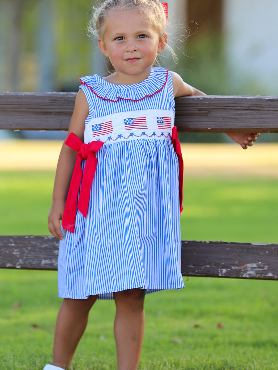Girls 4th of July Twirl Dress Bow Smocked Embroidery