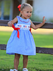 Girls 4th of July Twirl Dress Bow Smocked Embroidery