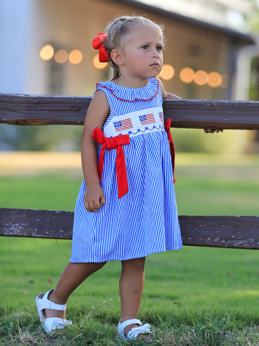 Girls 4th of July Twirl Dress Bow Smocked Embroidery