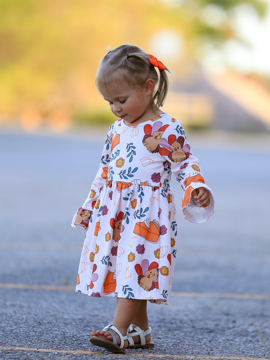 Thanksgiving Cute Turkey And Pie Print Design Girls Dress
