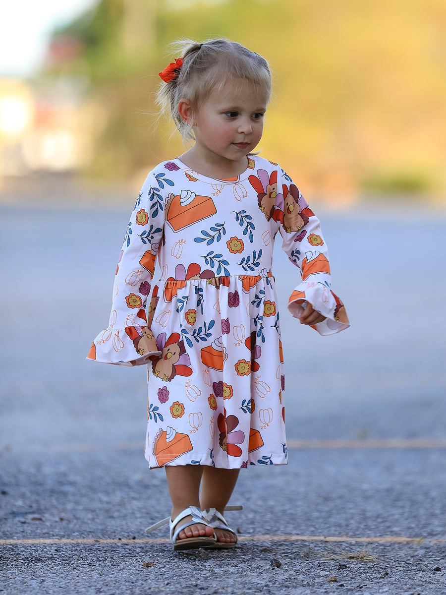 Thanksgiving Cute Turkey And Pie Print Design Girls Dress