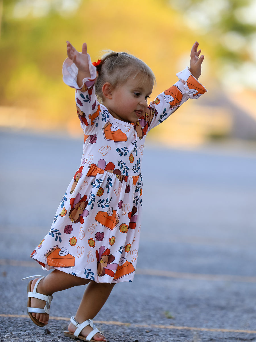 Thanksgiving Cute Turkey And Pie Print Design Girls Dress