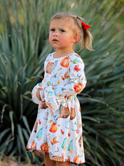 Thanksgiving Day Vintage Fall Pumpkin and Turkey Print Long Sleeve Dress