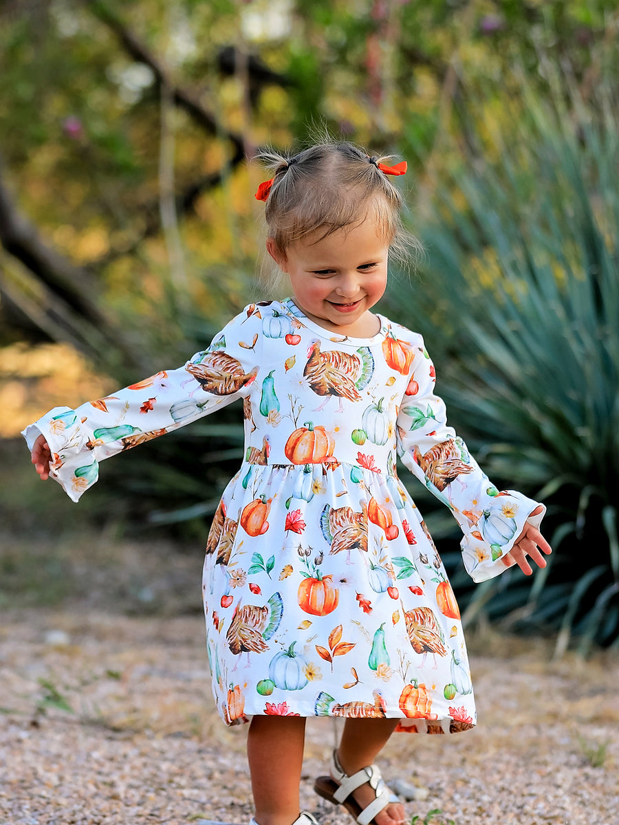 Thanksgiving Day Vintage Fall Pumpkin and Turkey Print Long Sleeve Dress