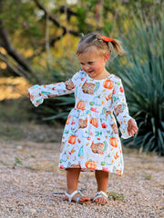 Thanksgiving Day Vintage Fall Pumpkin and Turkey Print Long Sleeve Dress