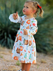 Thanksgiving Day Vintage Fall Pumpkin and Turkey Print Long Sleeve Dress