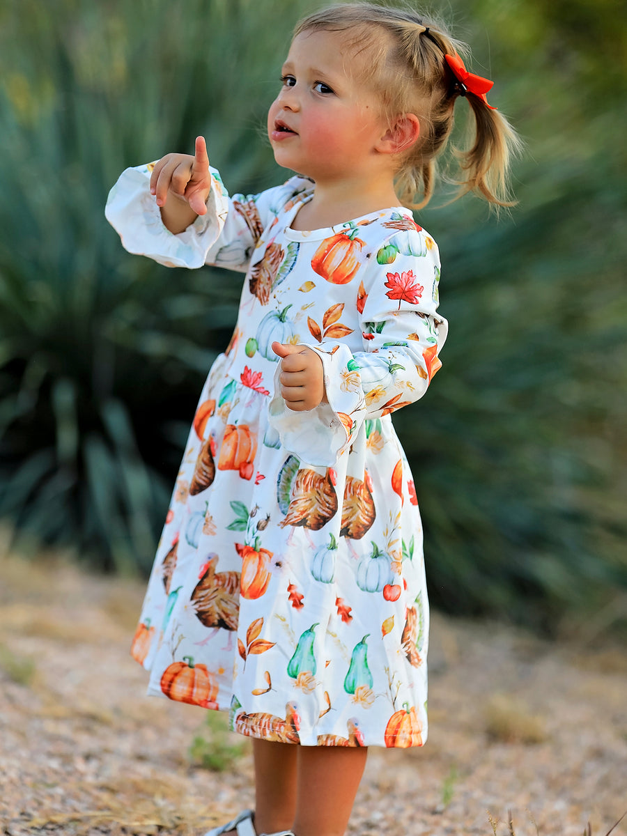 Thanksgiving Day Vintage Fall Pumpkin and Turkey Print Long Sleeve Dress