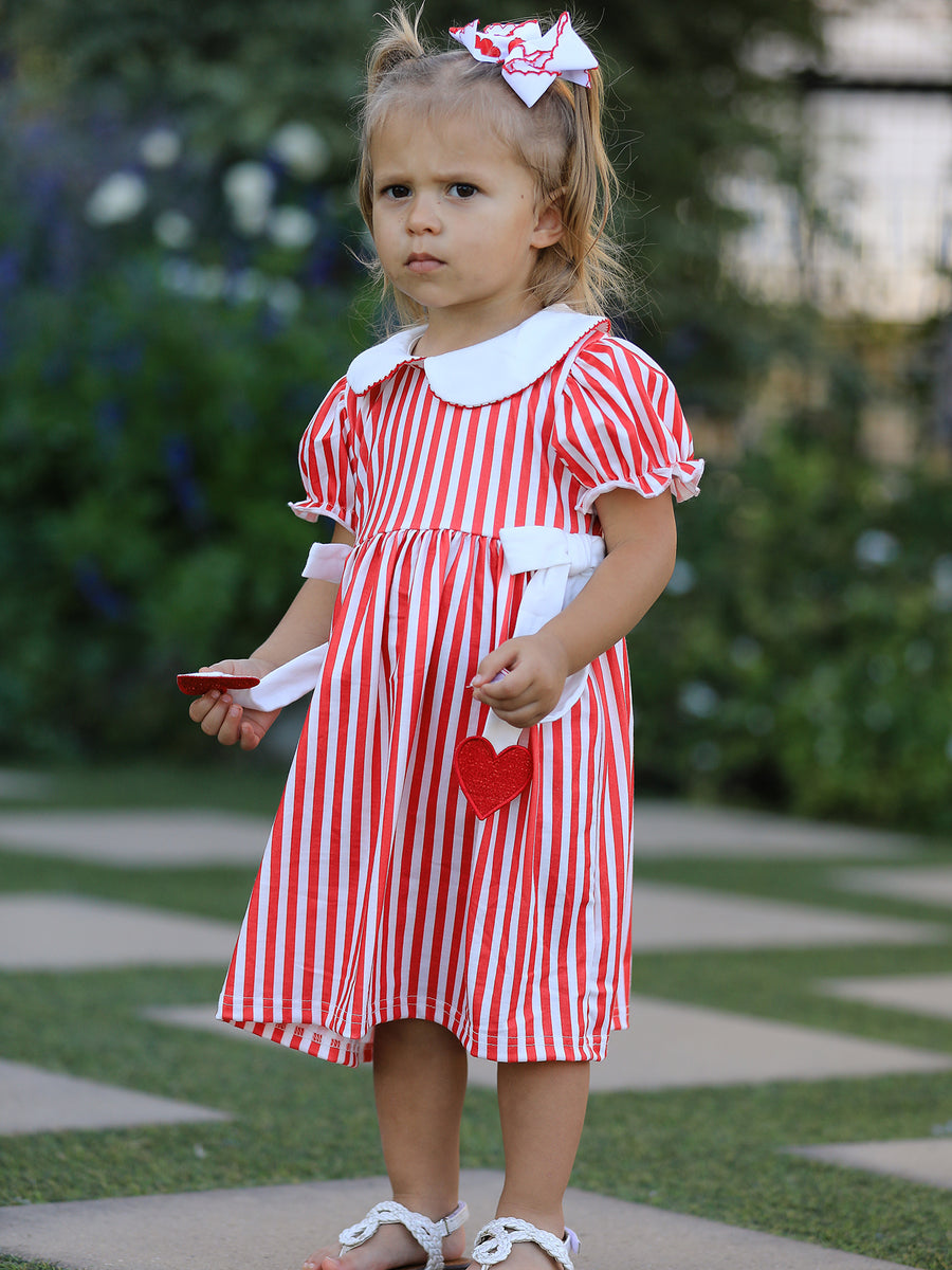 Valentine's Red Stripe Heart Dress for Toddler Girls