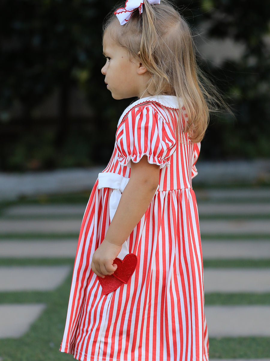 Valentine's Red Stripe Heart Dress for Toddler Girls