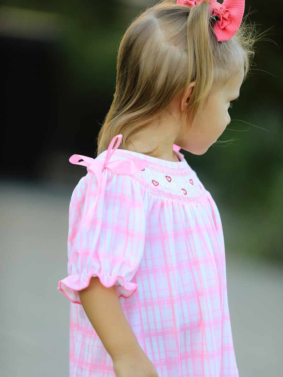 Valentine's Day Pink Plaid Smocked Heart Embroidery Girls Dress